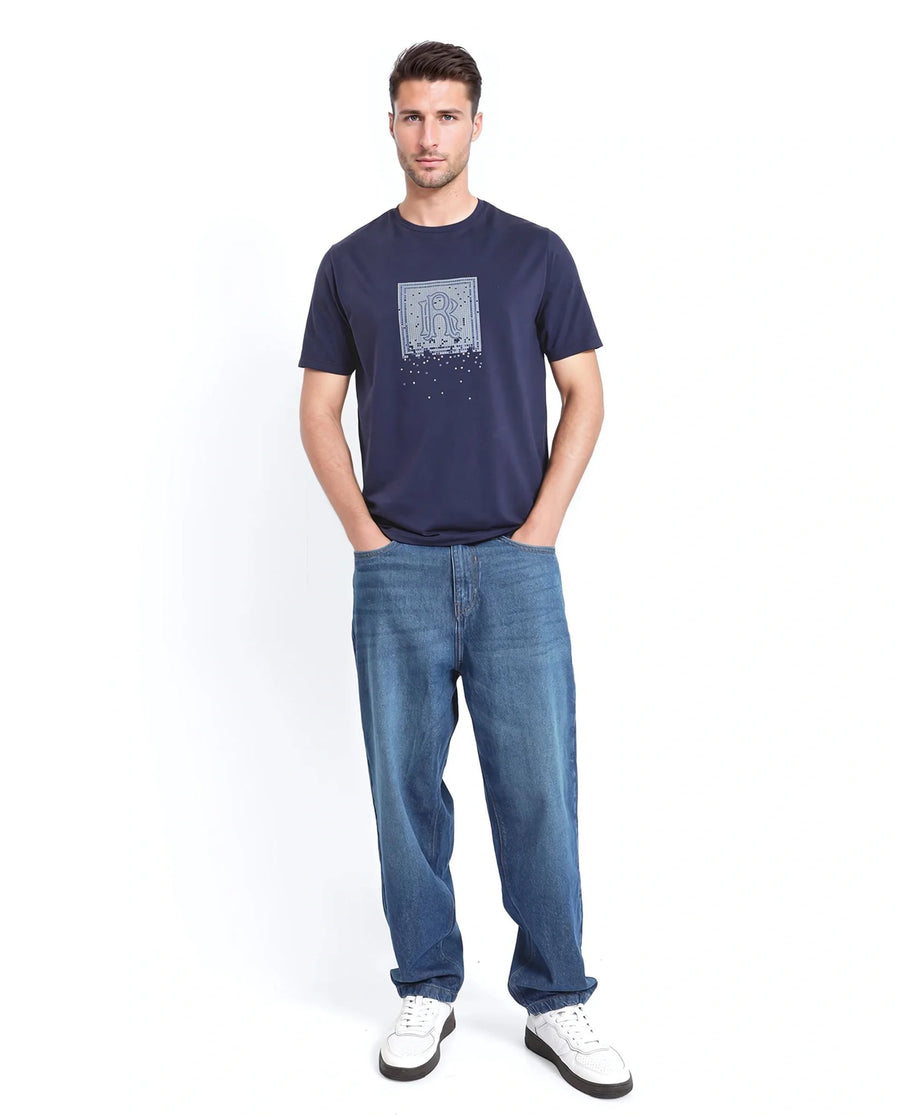 Rare Rabbit Men's Mezoc Navy Cotton Blend Graphic Print Relaxed Fit Half Sleeve Crew Neck T-Shirt