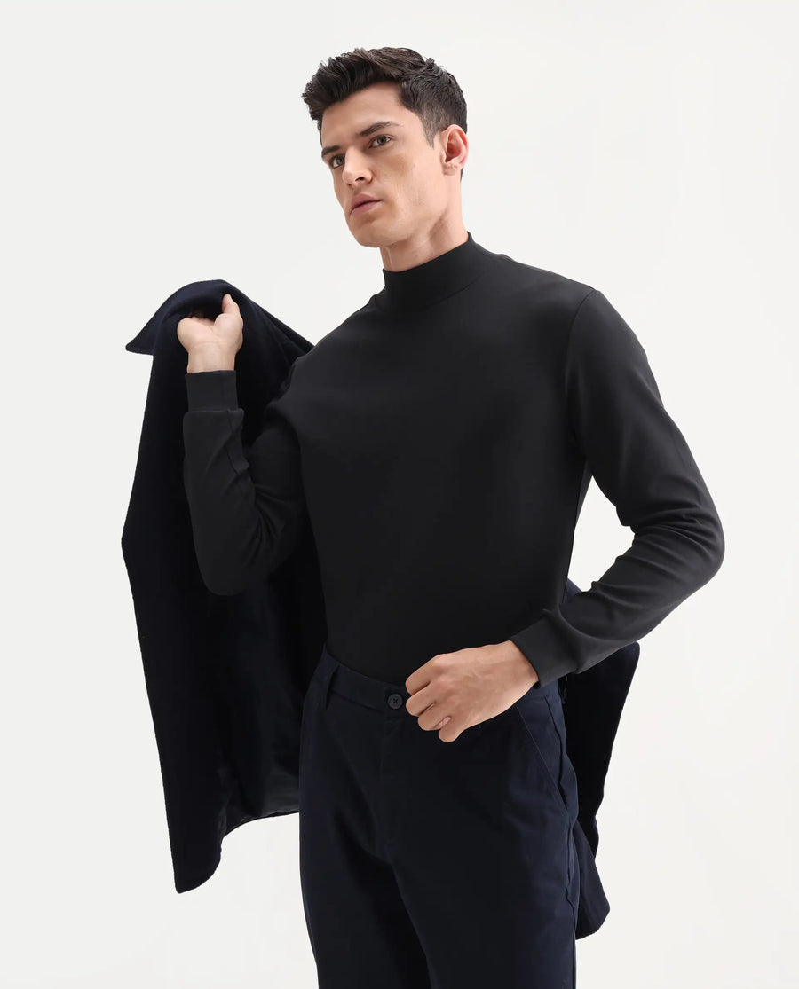 Rare Rabbit Men's Mick Black Cotton Blend Plain Regular Fit Full Sleeve Crew Neck T-Shirt
