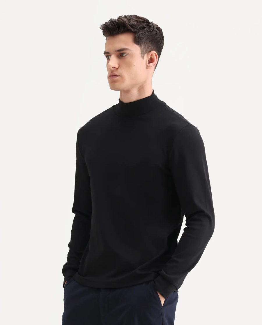 Rare Rabbit Men's Mick Black Cotton Blend Plain Regular Fit Full Sleeve Crew Neck T-Shirt
