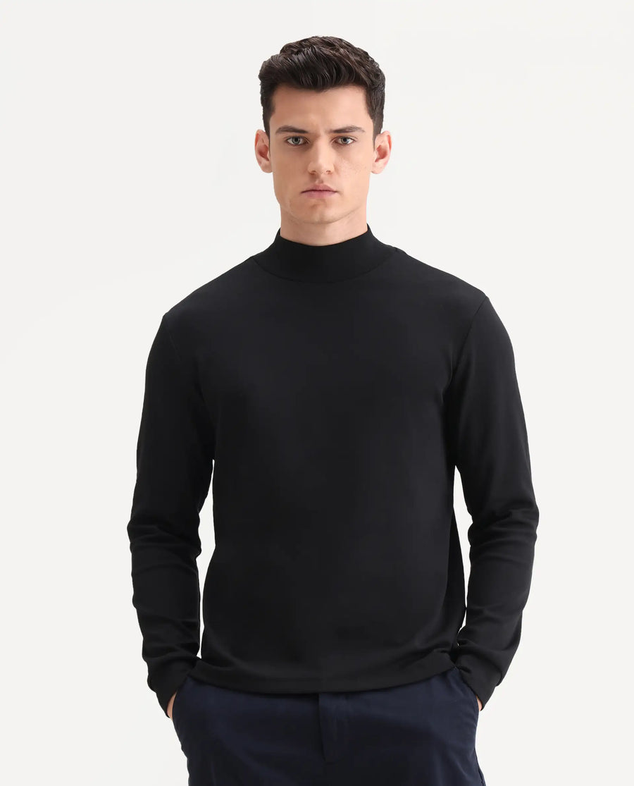 Rare Rabbit Men's Mick Black Cotton Blend Plain Regular Fit Full Sleeve Crew Neck T-Shirt