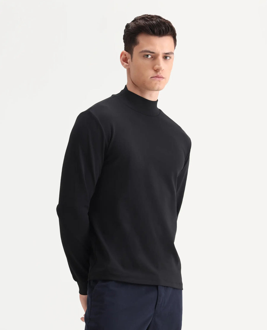 Rare Rabbit Men's Mick Black Cotton Blend Plain Regular Fit Full Sleeve Crew Neck T-Shirt