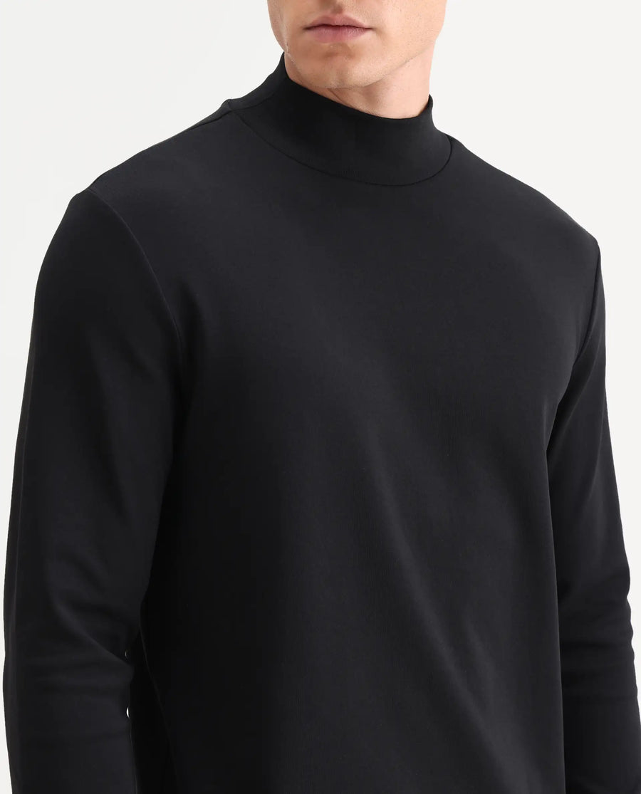 Rare Rabbit Men's Mick Black Cotton Blend Plain Regular Fit Full Sleeve Crew Neck T-Shirt