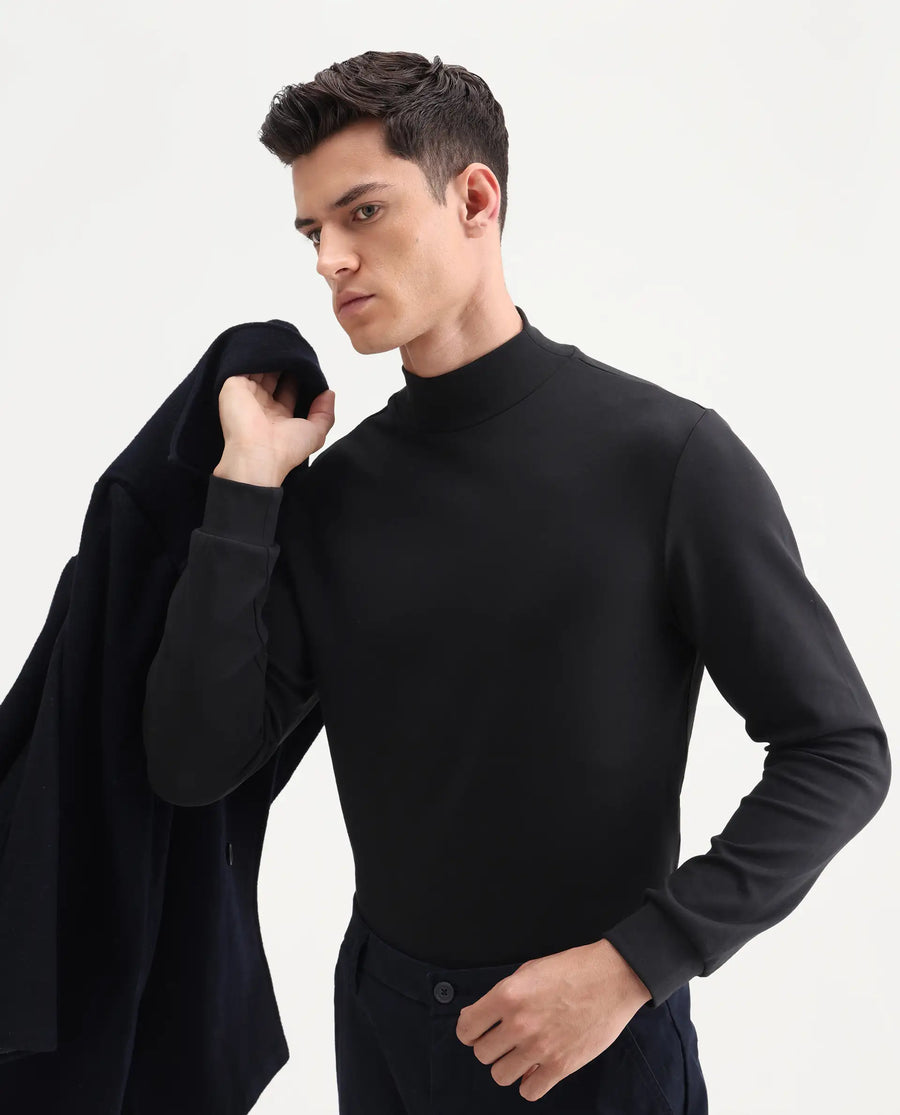 Rare Rabbit Men's Mick Black Cotton Blend Plain Regular Fit Full Sleeve Crew Neck T-Shirt