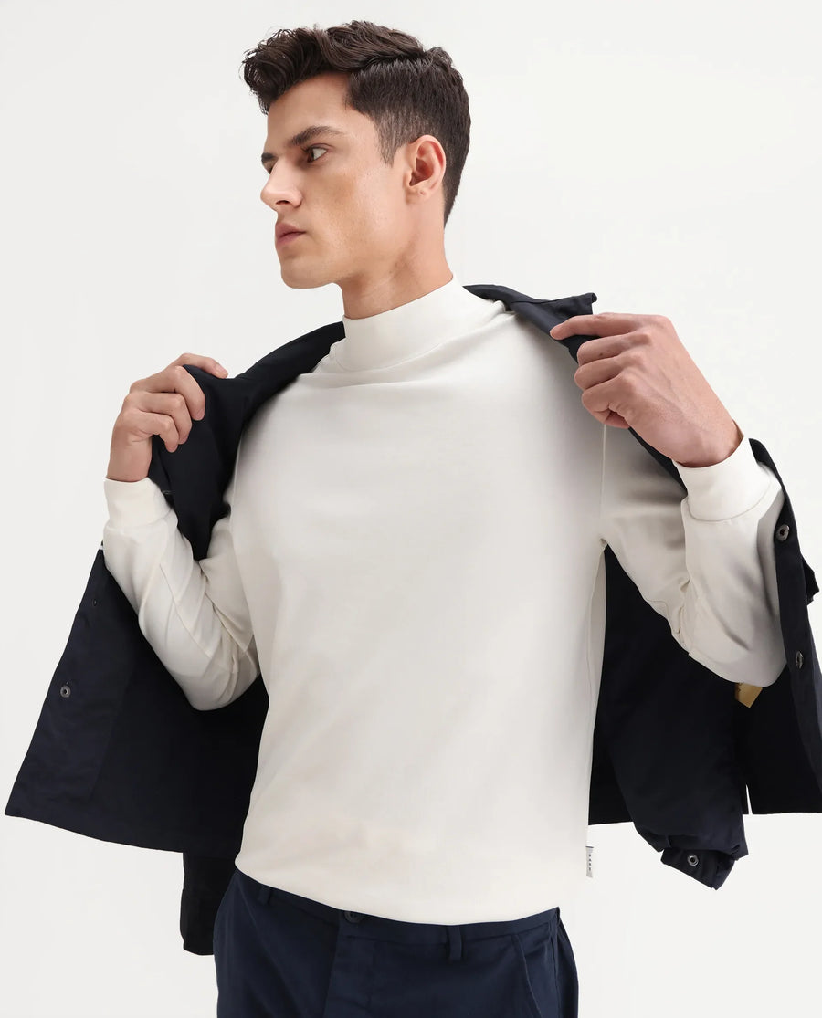 Rare Rabbit Men's Mick Off White Cotton Blend Plain Regular Fit Full Sleeve High Neck T-Shirt