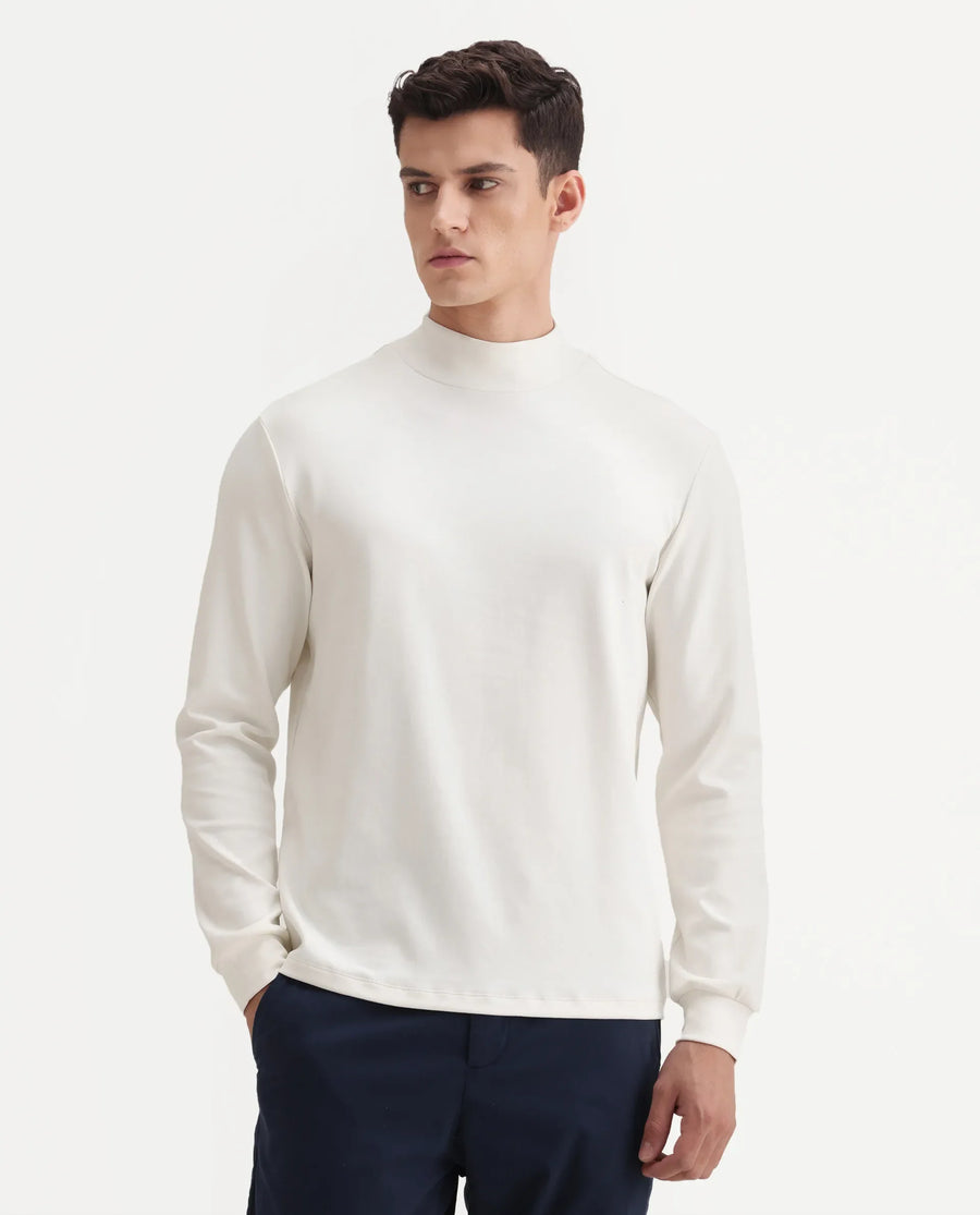 Rare Rabbit Men's Mick Off White Cotton Blend Plain Regular Fit Full Sleeve High Neck T-Shirt
