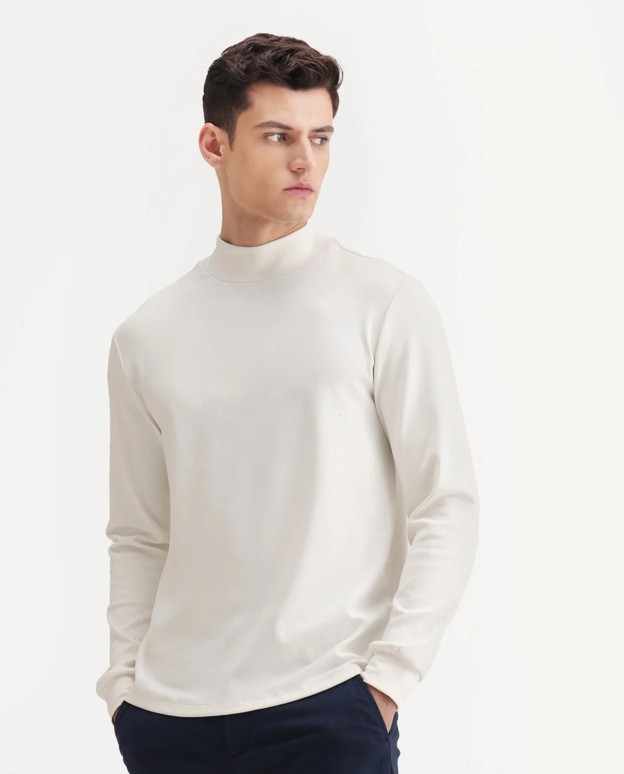 Rare Rabbit Men's Mick Off White Cotton Blend Plain Regular Fit Full Sleeve High Neck T-Shirt