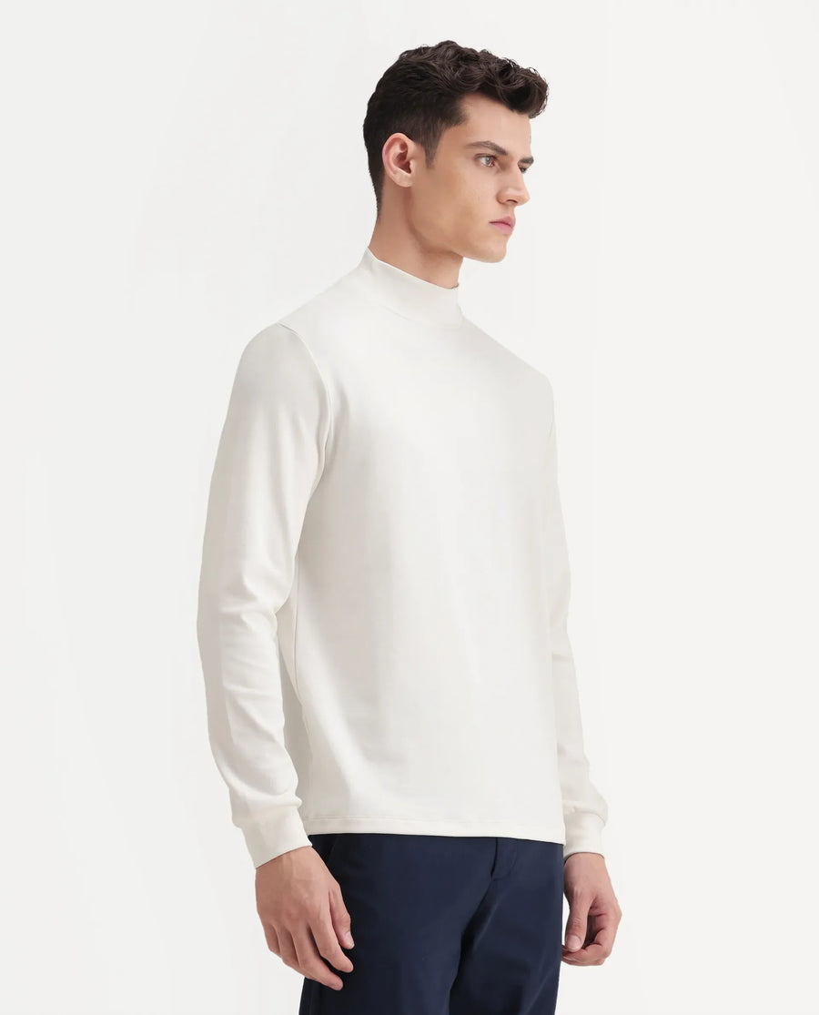 Rare Rabbit Men's Mick Off White Cotton Blend Plain Regular Fit Full Sleeve High Neck T-Shirt