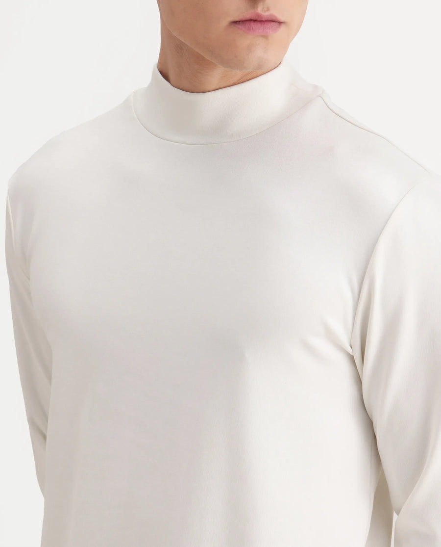Rare Rabbit Men's Mick Off White Cotton Blend Plain Regular Fit Full Sleeve High Neck T-Shirt