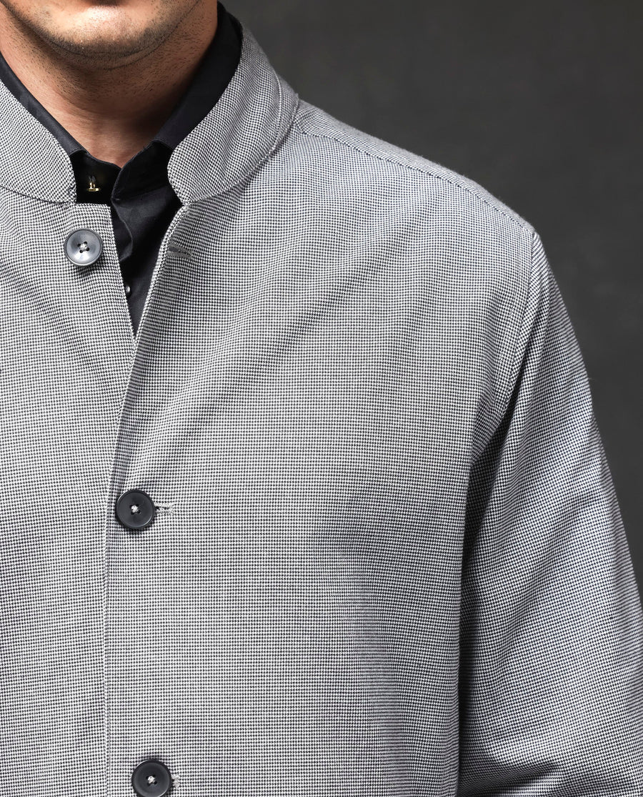 Rare Rabbit Men's Mico Black Polyester Blend Checked Print Relaxed Fit Full Sleeve Mandarin Collar Jacket