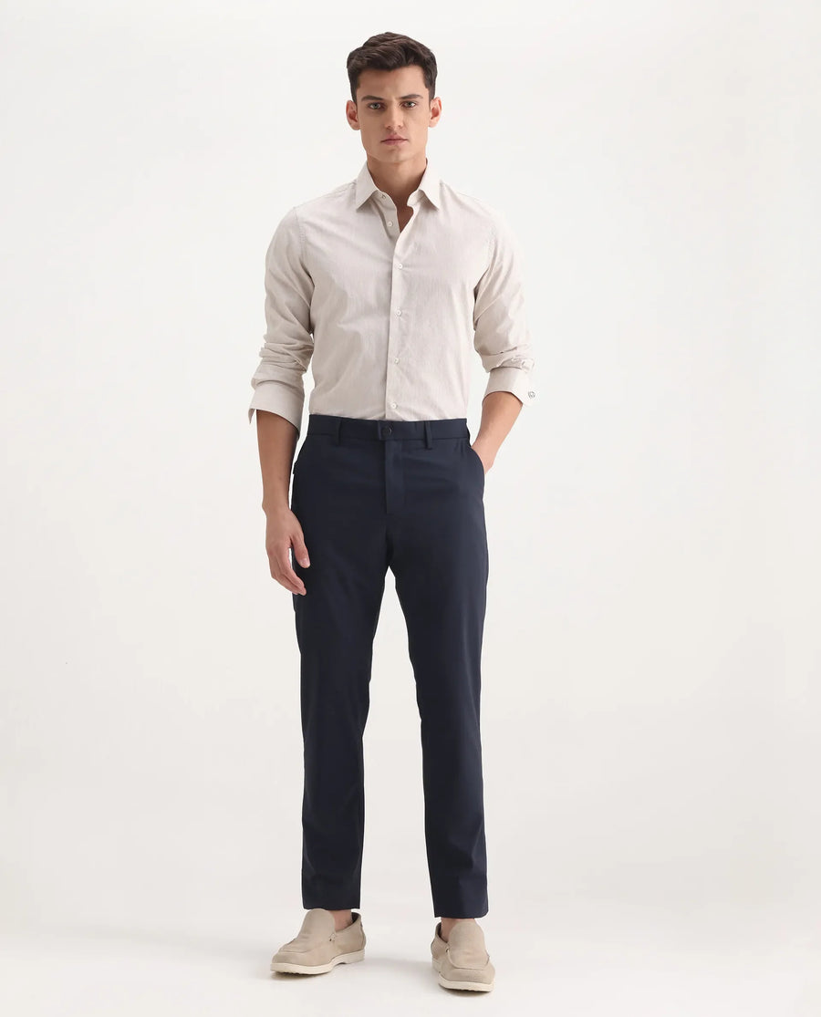 Rare Rabbit Men's Micras Navy Polyester Blend Checked Print Regular Fit Trouser