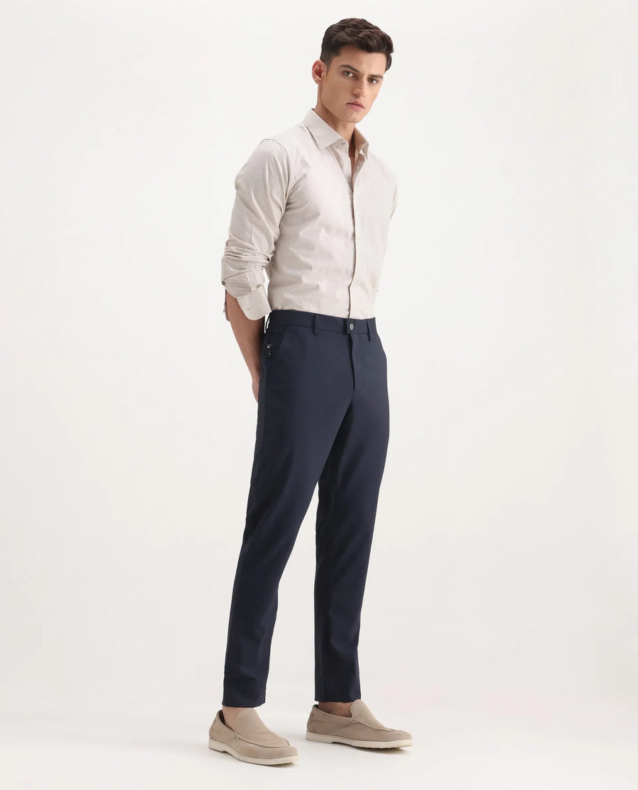 Rare Rabbit Men's Micras Navy Polyester Blend Checked Print Regular Fit Trouser