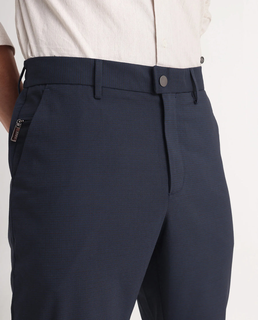 Rare Rabbit Men's Micras Navy Polyester Blend Checked Print Regular Fit Trouser