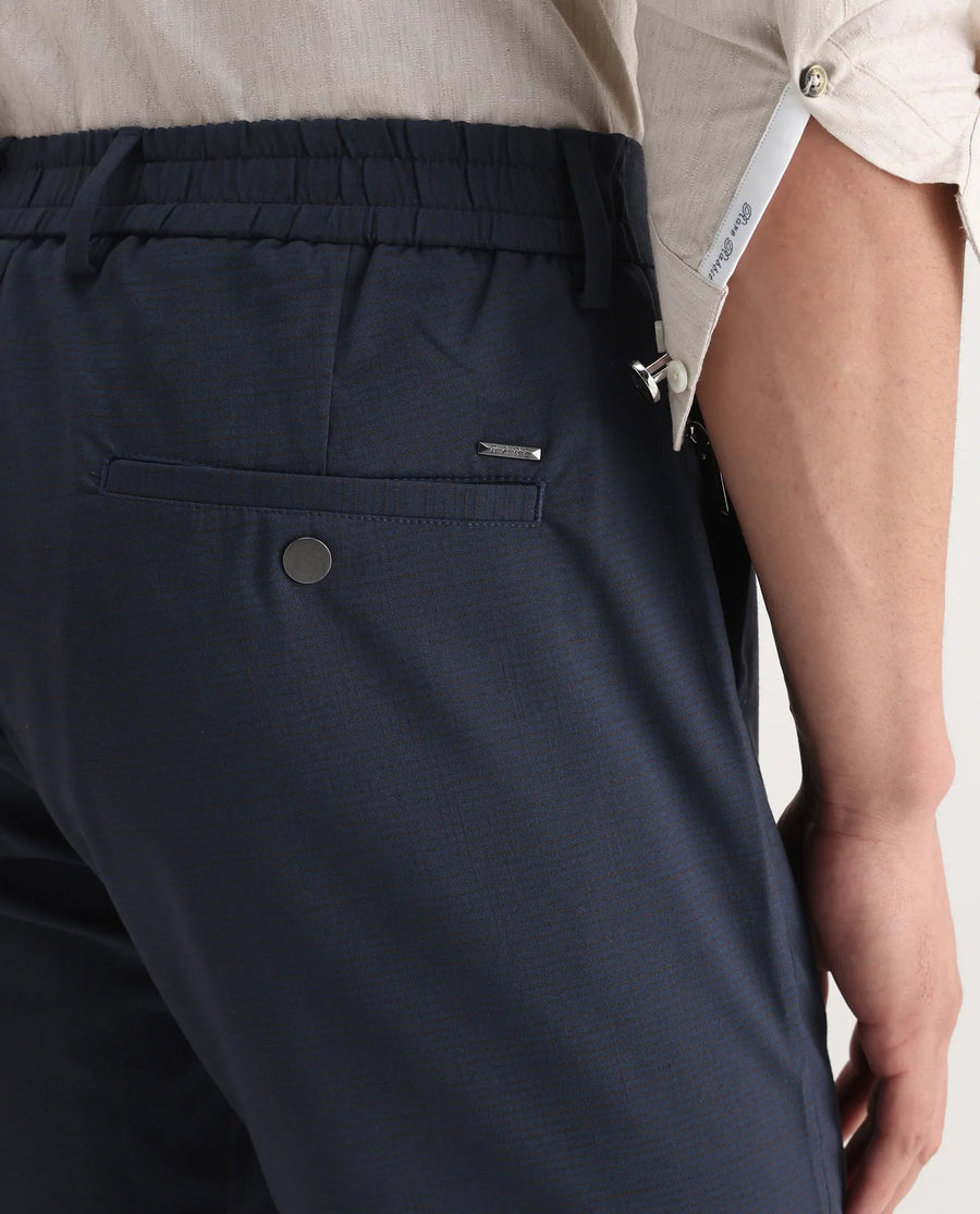 Rare Rabbit Men's Micras Navy Polyester Blend Checked Print Regular Fit Trouser