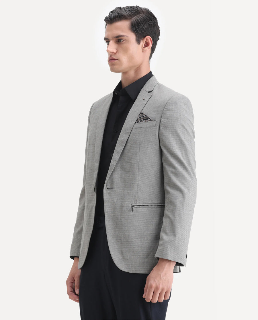 Rare Rabbit Men's Micro Grey Polyester Checked Print Tailored Fit Full Sleeve Lapel Neck Blazer