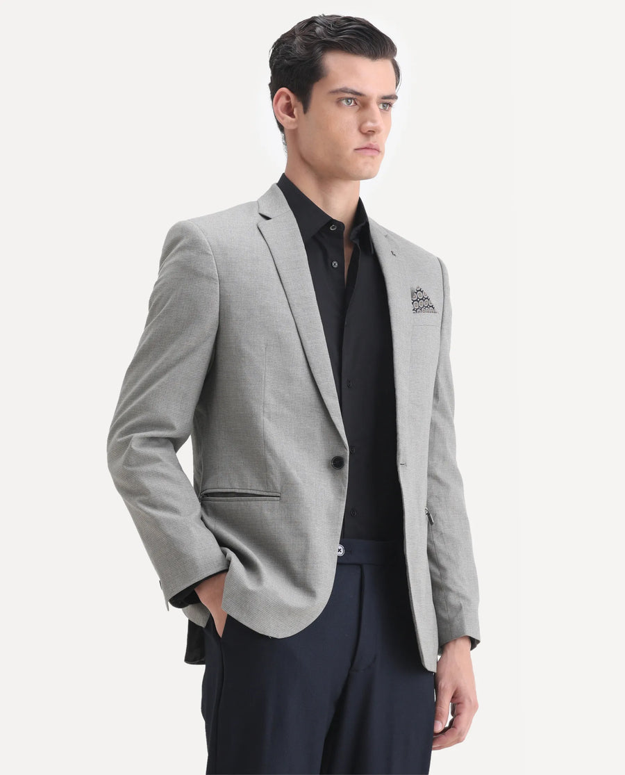 Rare Rabbit Men's Micro Grey Polyester Checked Print Tailored Fit Full Sleeve Lapel Neck Blazer