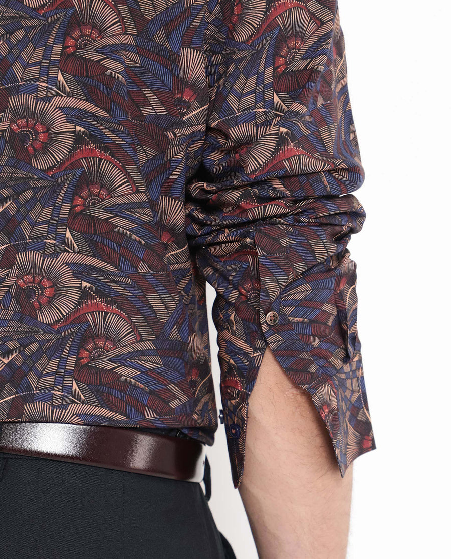 Rare Rabbit Men's Mids Navy Viscose Abstract Print Regular Fit Full Sleeve Collared Shirt