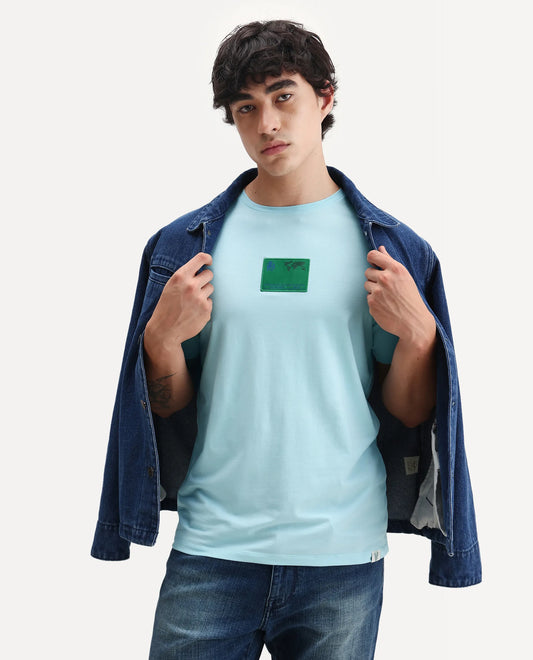 Rare Rabbit Men's Mikai Light Blue Cotton Blend Label Print Relaxed Fit Half Sleeve Crew Neck T-Shirt