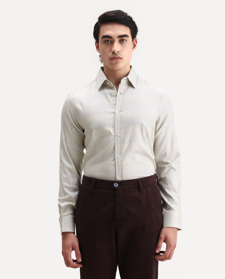 Rare Rabbit Men's Mila Beige Cotton Checked Print Regular Fit Full Sleeve Collared Shirt