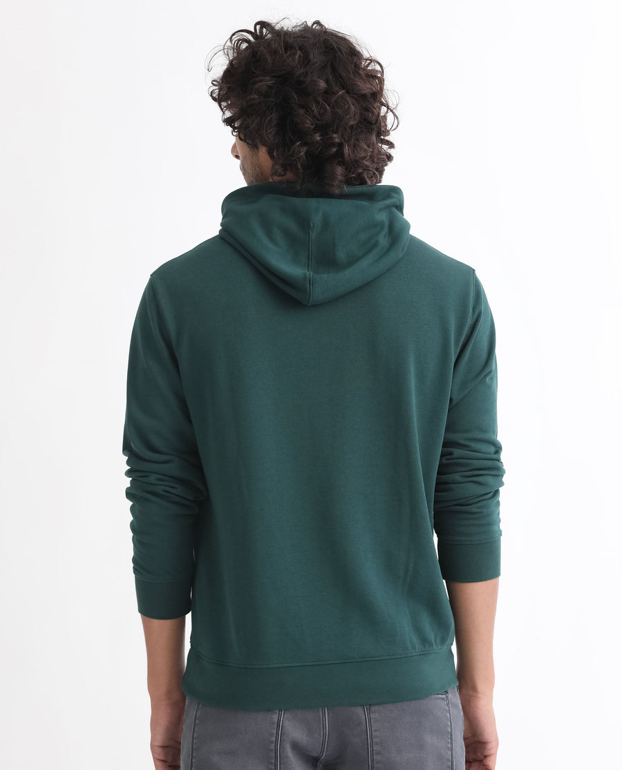 Rare Rabbit Men's Mile Dark Green Cotton Graphic Print Regular Fit Full Sleeve Hooded Sweatshirt
