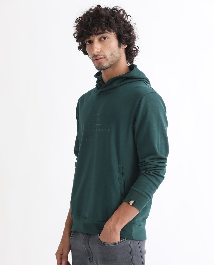 Rare Rabbit Men's Mile Dark Green Cotton Graphic Print Regular Fit Full Sleeve Hooded Sweatshirt