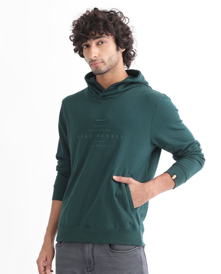 Rare Rabbit Men's Mile Dark Green Cotton Graphic Print Regular Fit Full Sleeve Hooded Sweatshirt