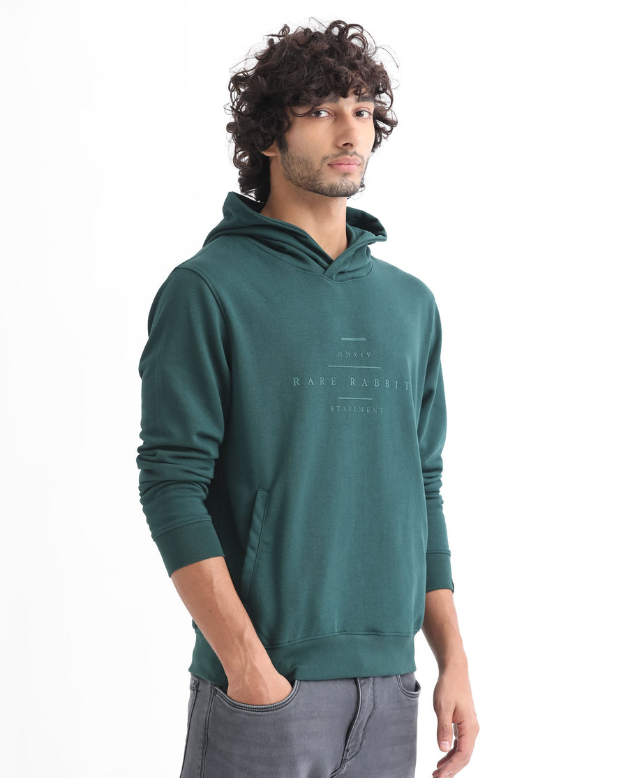Rare Rabbit Men's Mile Dark Green Cotton Graphic Print Regular Fit Full Sleeve Hooded Sweatshirt