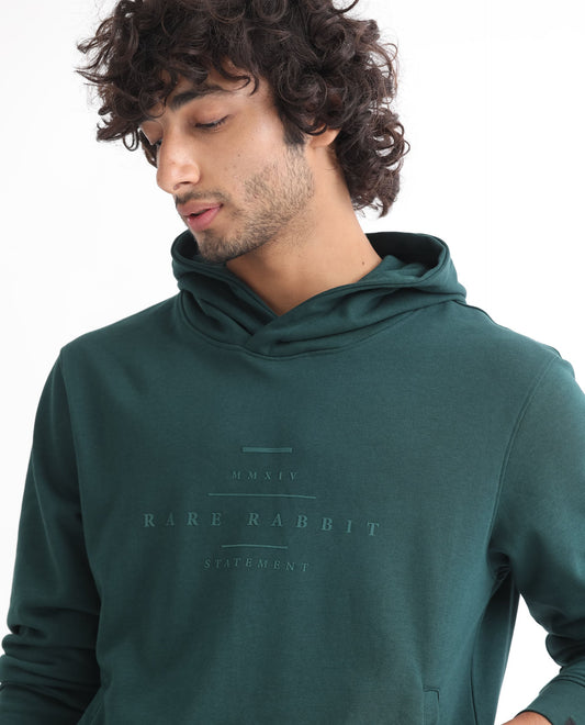 Rare Rabbit Men's Mile Dark Green Cotton Graphic Print Regular Fit Full Sleeve Hooded Sweatshirt