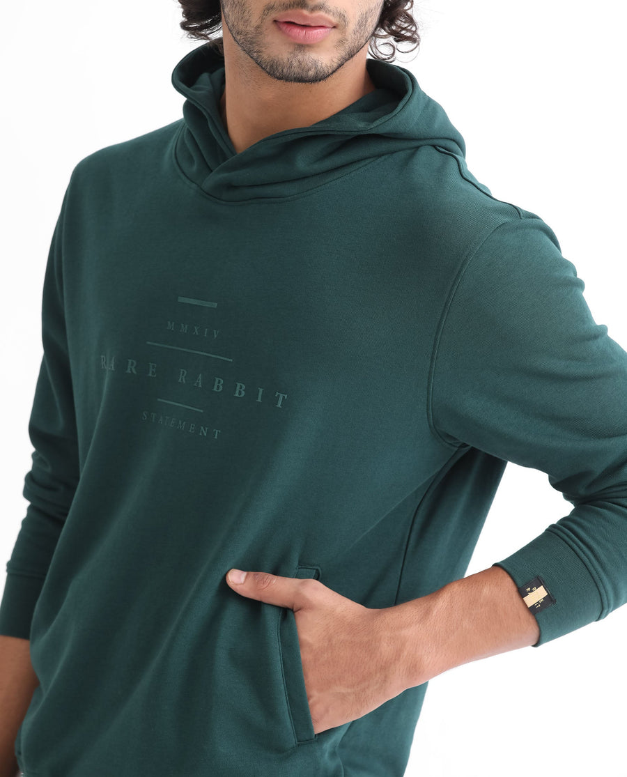 Rare Rabbit Men's Mile Dark Green Cotton Graphic Print Regular Fit Full Sleeve Hooded Sweatshirt