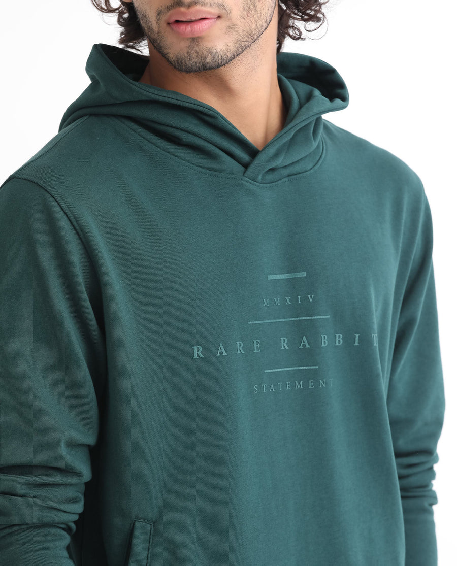 Rare Rabbit Men's Mile Dark Green Cotton Graphic Print Regular Fit Full Sleeve Hooded Sweatshirt