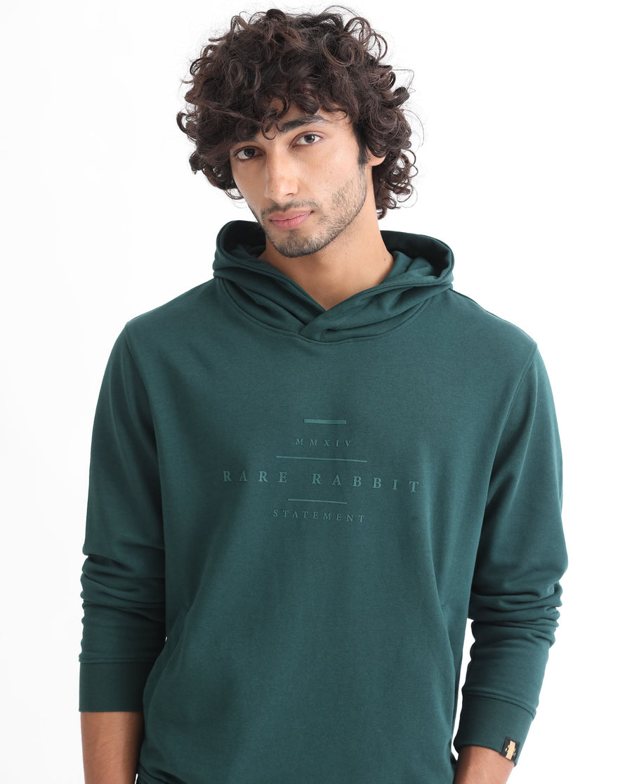 Rare Rabbit Men's Mile Dark Green Cotton Graphic Print Regular Fit Full Sleeve Hooded Sweatshirt