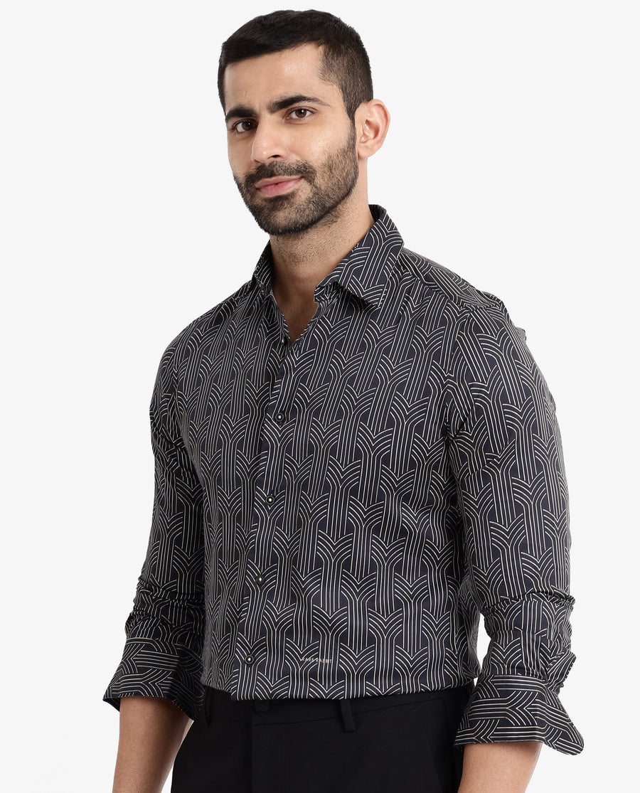 Rare Rabbit Men's Millen Black Cotton Geometric Print Regular Fit Full Sleeve Collared Shirt