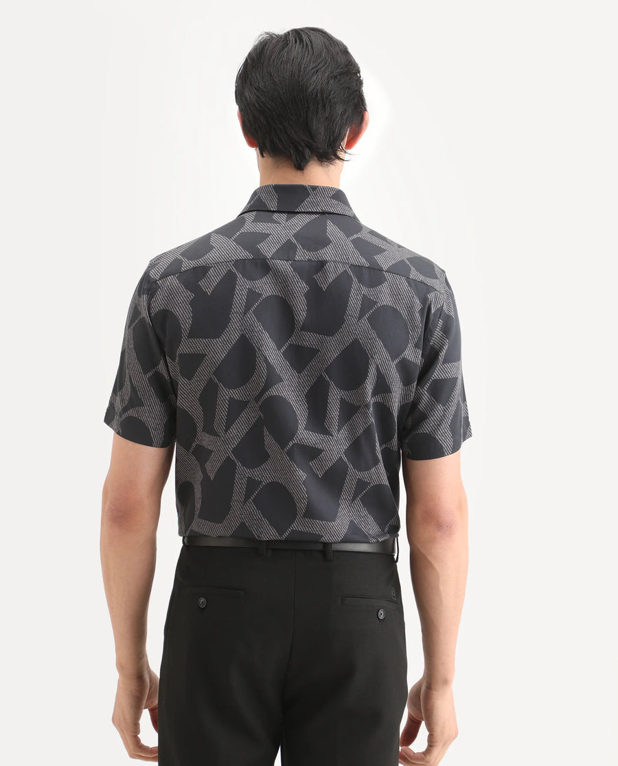 Rare Rabbit Men's Milo Black Cotton Blend Fabric Half Sleeve Spread Collar Regular Fit Monogram Print Shirt