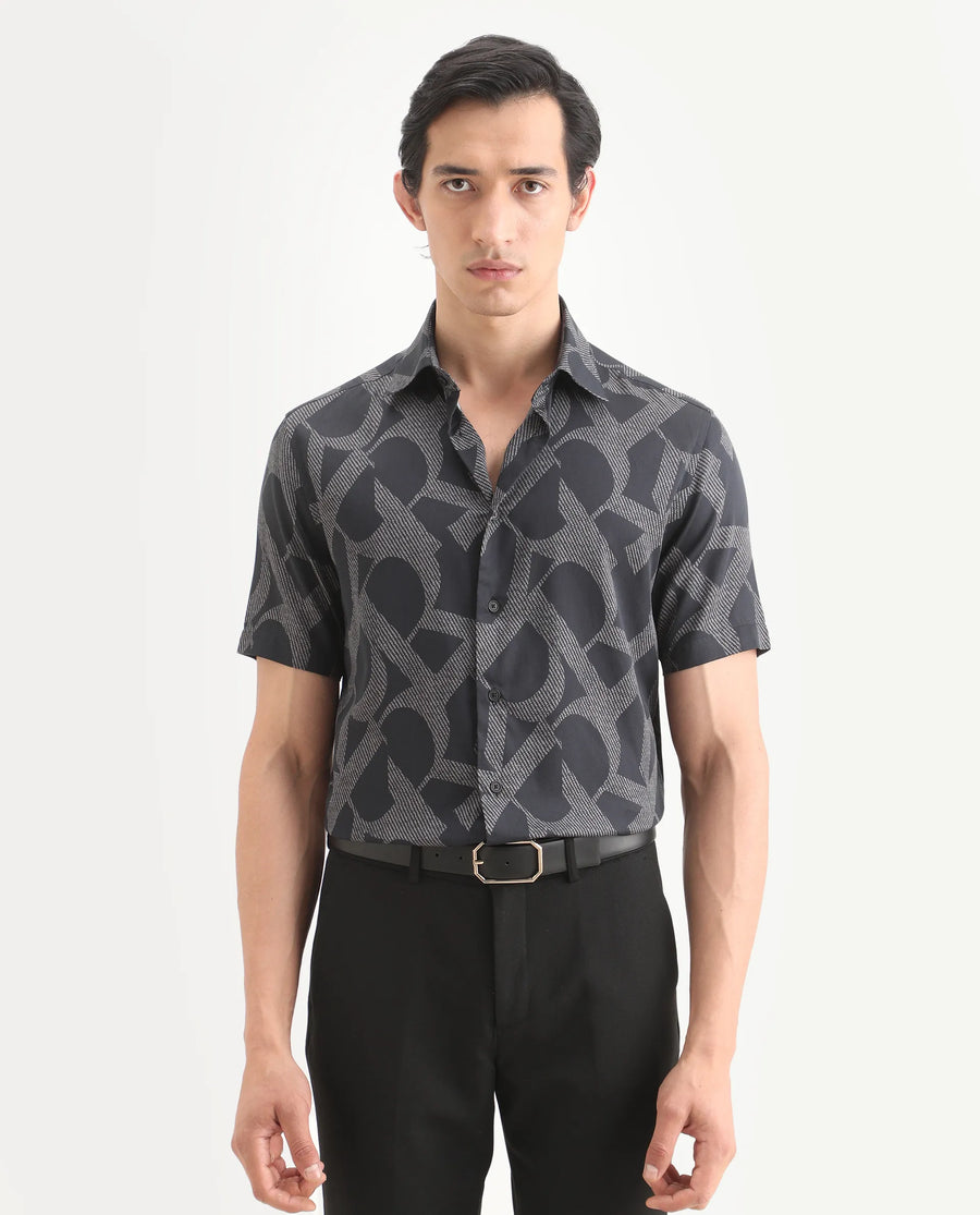 Rare Rabbit Men's Milo Black Cotton Blend Fabric Half Sleeve Spread Collar Regular Fit Monogram Print Shirt