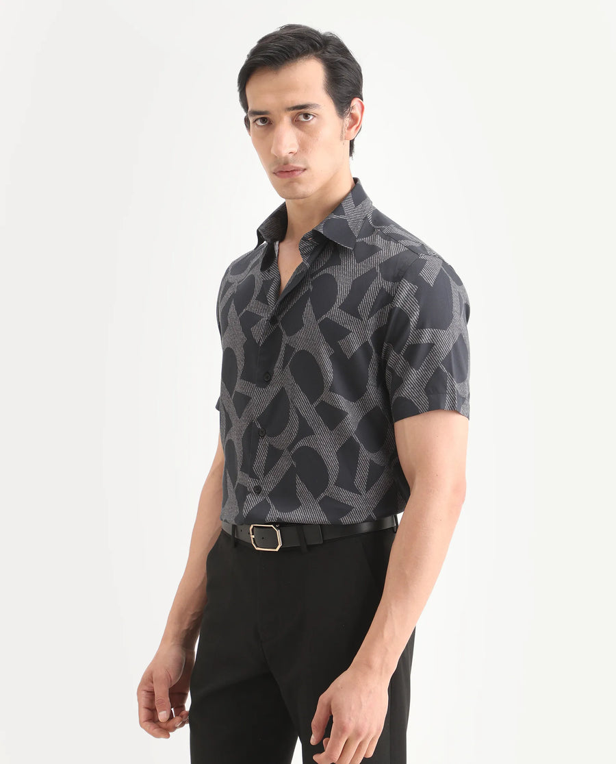 Rare Rabbit Men's Milo Black Cotton Blend Fabric Half Sleeve Spread Collar Regular Fit Monogram Print Shirt