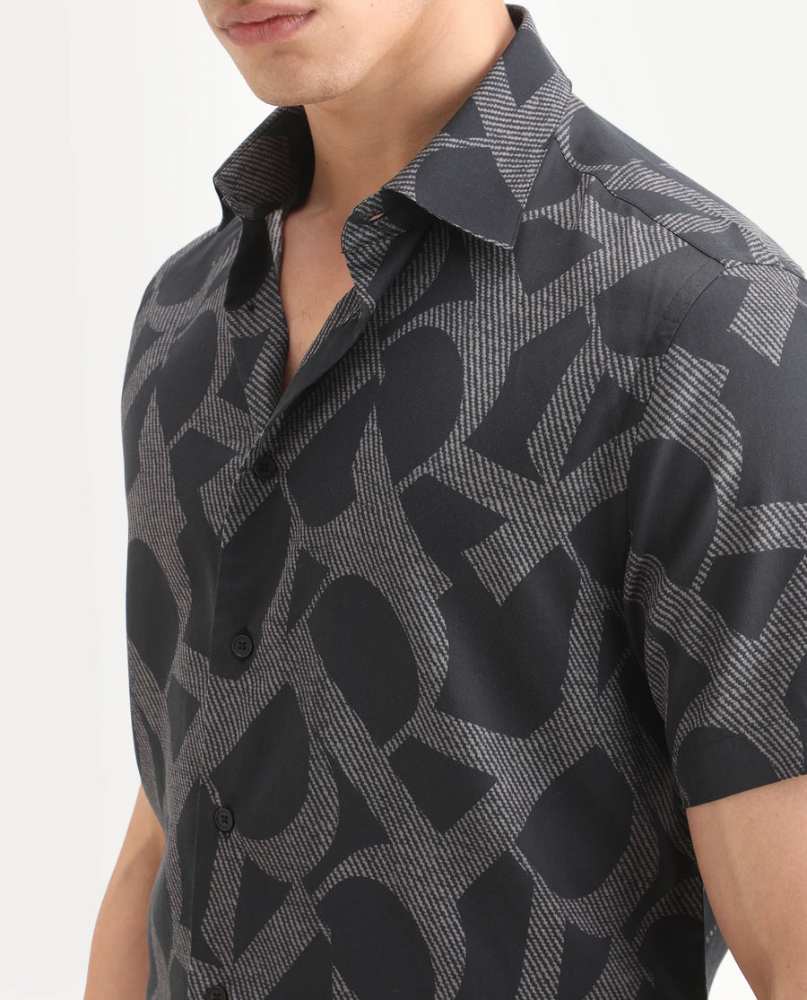 Rare Rabbit Men's Milo Black Cotton Blend Fabric Half Sleeve Spread Collar Regular Fit Monogram Print Shirt