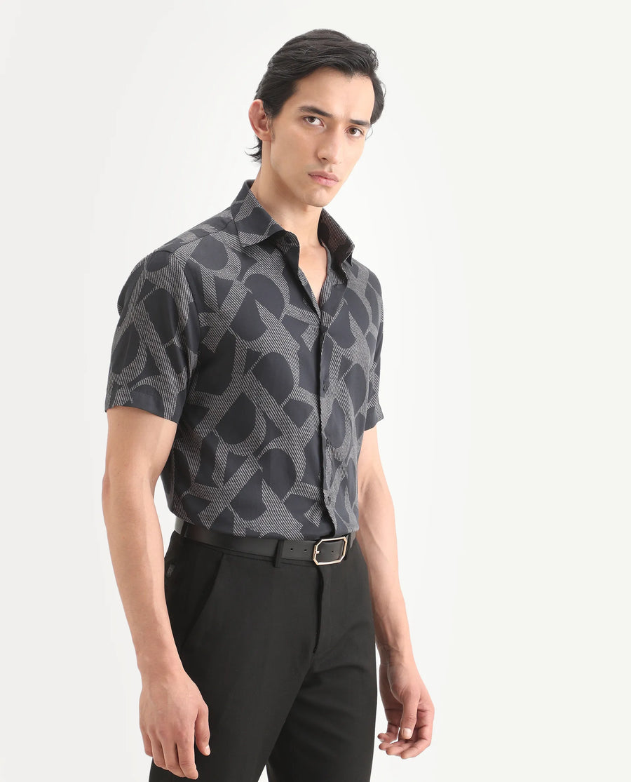 Rare Rabbit Men's Milo Black Cotton Blend Fabric Half Sleeve Spread Collar Regular Fit Monogram Print Shirt