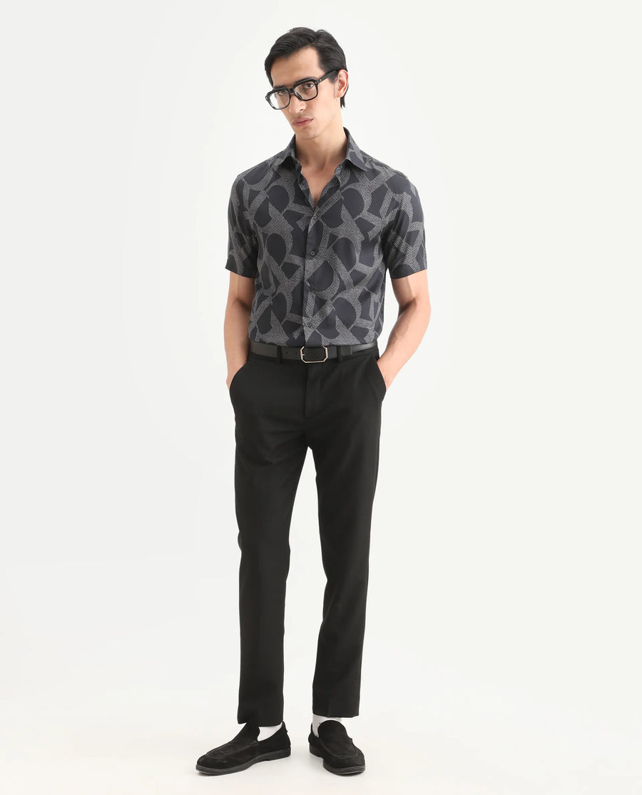 Rare Rabbit Men's Milo Black Cotton Blend Fabric Half Sleeve Spread Collar Regular Fit Monogram Print Shirt