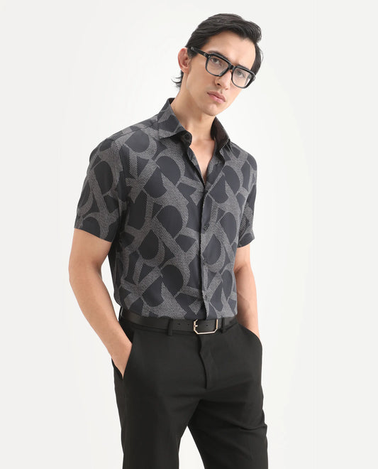 Rare Rabbit Men's Milo Black Cotton Blend Fabric Half Sleeve Spread Collar Regular Fit Monogram Print Shirt