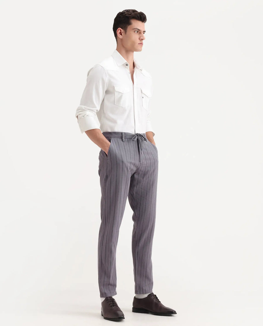 Rare Rabbit Men's Milos Dusky Purple Cotton Striped Print Regular Fit Trouser