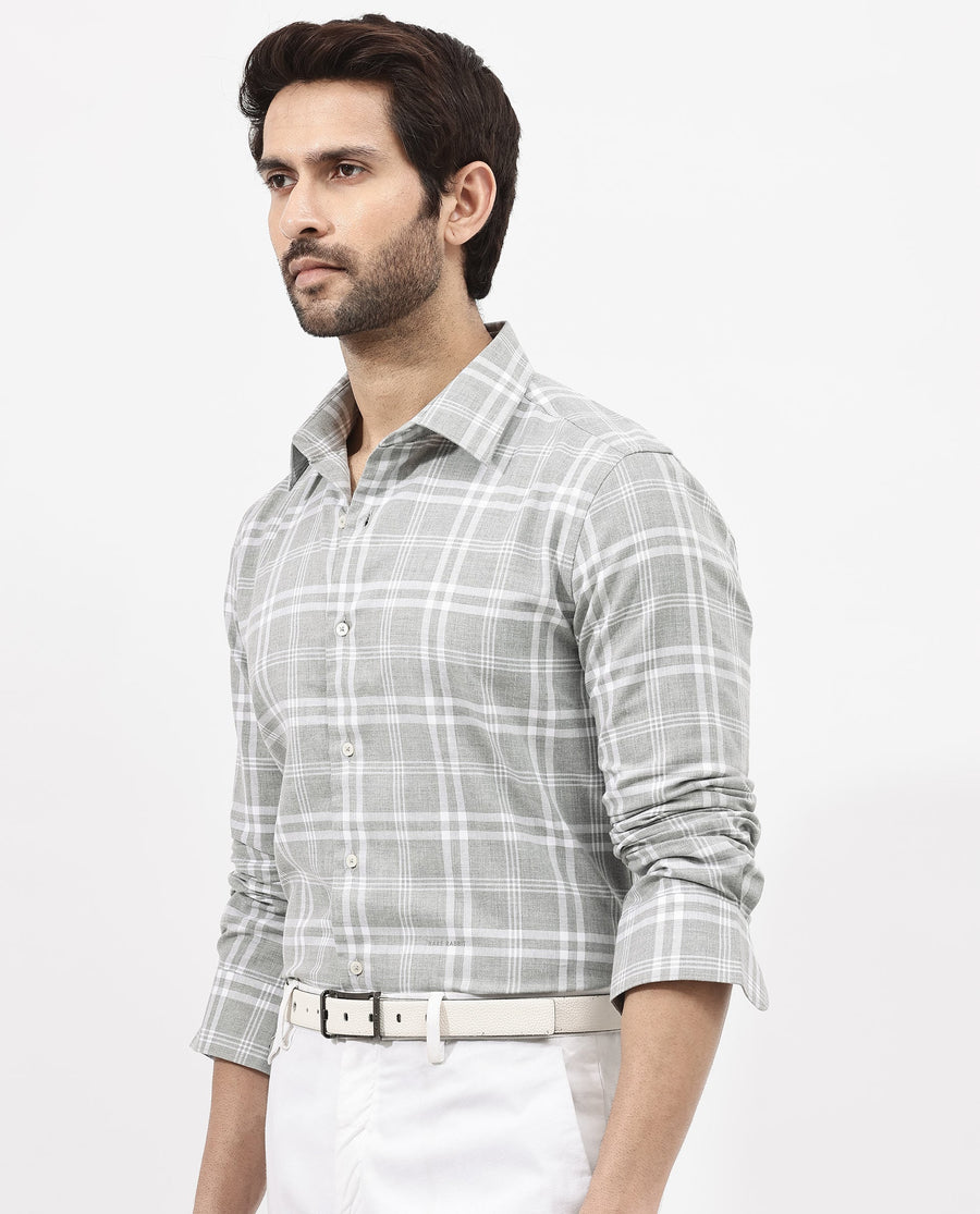 Rare Rabbit Men's Milton Grey Cotton Checked Print Regular Fit Full Sleeve Collared Shirt