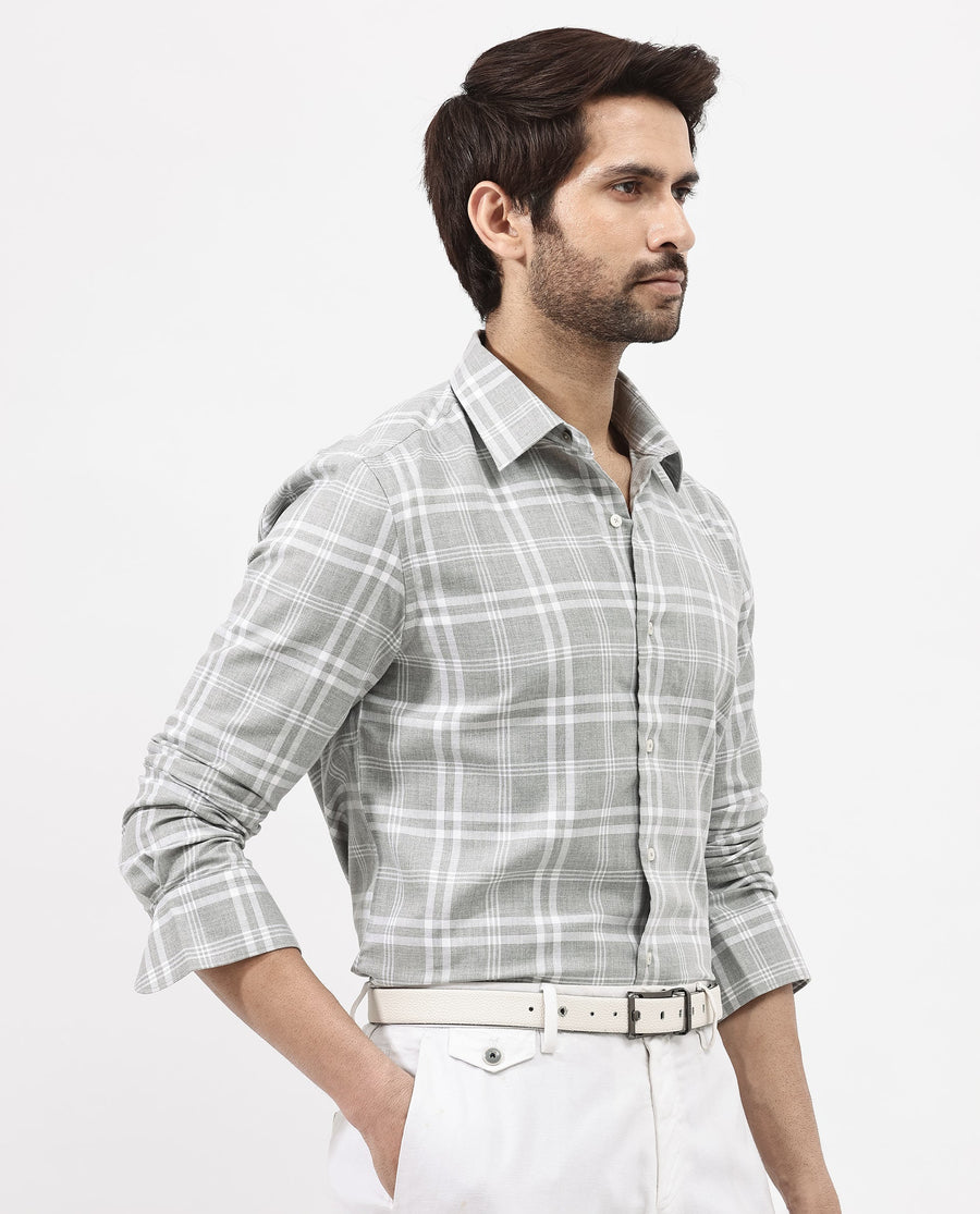 Rare Rabbit Men's Milton Grey Cotton Checked Print Regular Fit Full Sleeve Collared Shirt