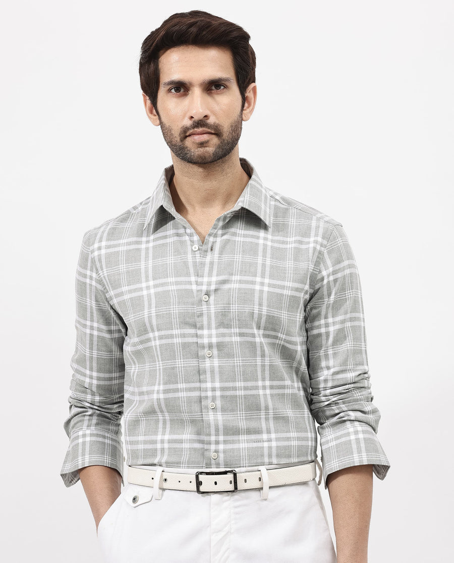 Rare Rabbit Men's Milton Grey Cotton Checked Print Regular Fit Full Sleeve Collared Shirt