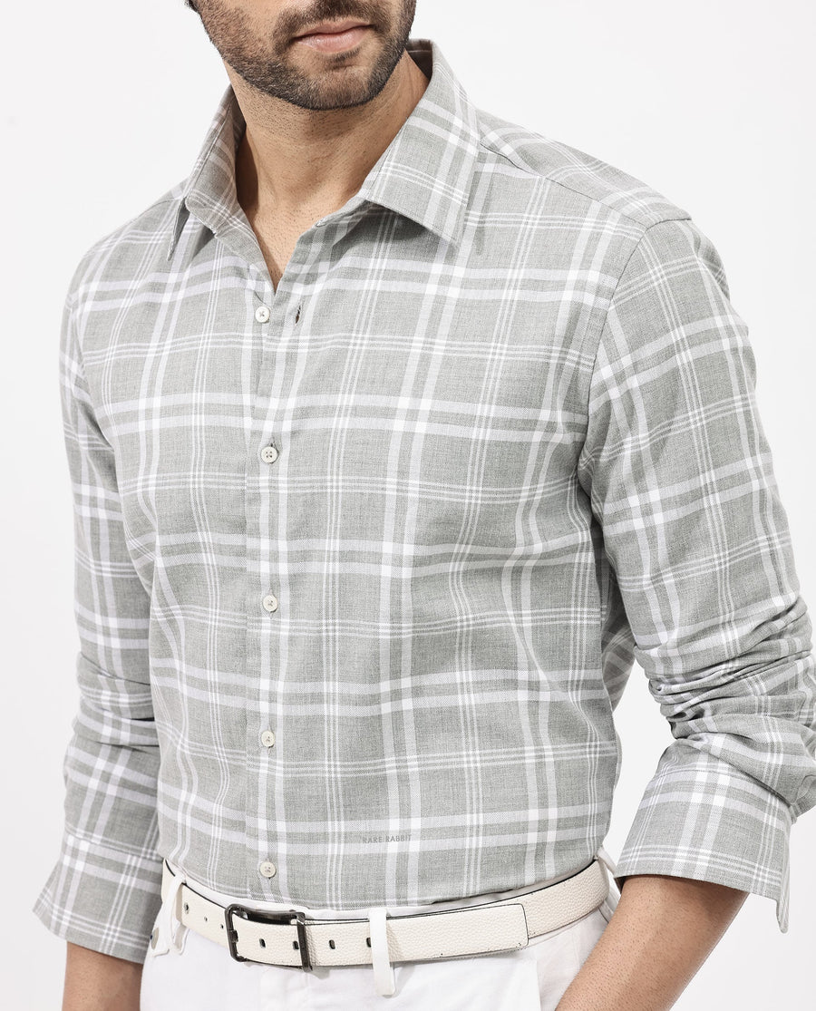 Rare Rabbit Men's Milton Grey Cotton Checked Print Regular Fit Full Sleeve Collared Shirt