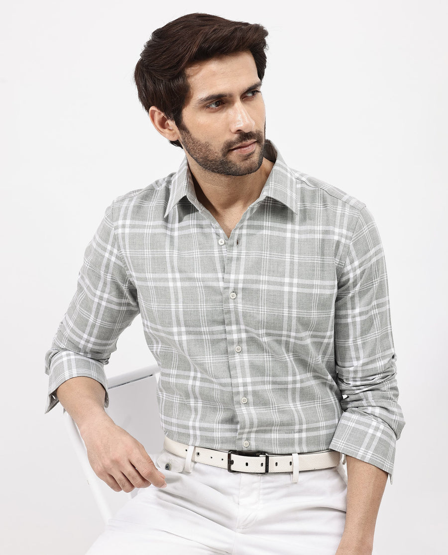 Rare Rabbit Men's Milton Grey Cotton Checked Print Regular Fit Full Sleeve Collared Shirt
