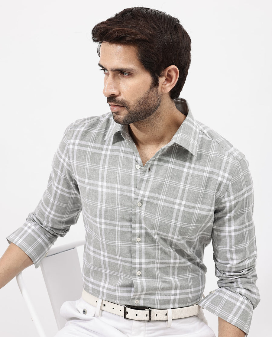 Rare Rabbit Men's Milton Grey Cotton Checked Print Regular Fit Full Sleeve Collared Shirt