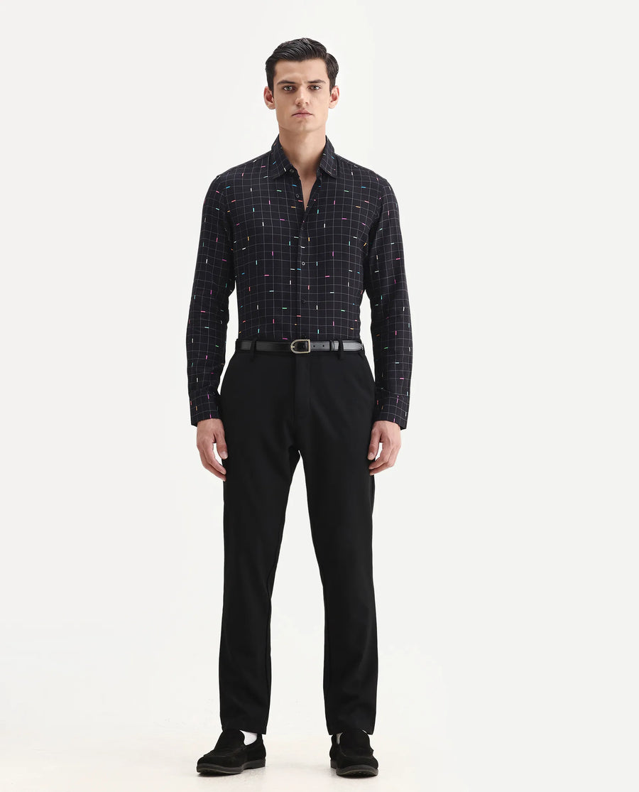 Rare Rabbit Men's Minor Black Viscose Geometric Print Regular Fit Full Sleeve Collared Shirt