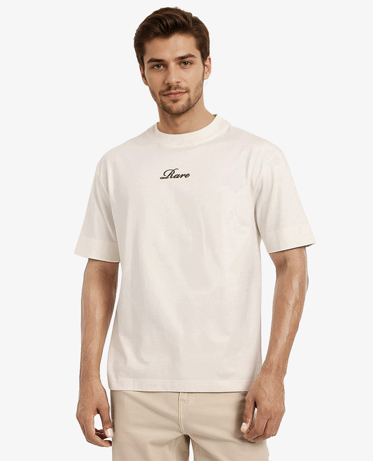 Rare Rabbit Men's Mint Off White Cotton Graphic Print Oversized Fit Half Sleeve Crew Neck T-Shirt
