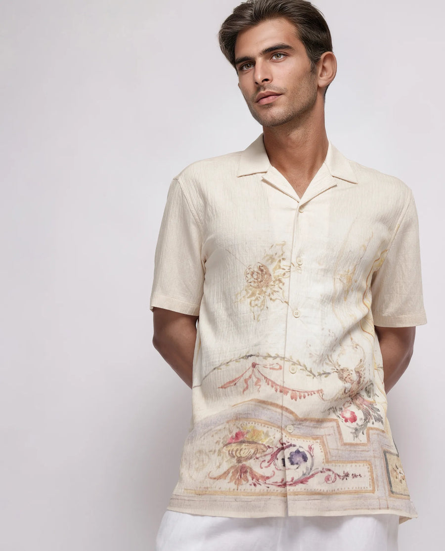 Rare Rabbit Men's Mio Beige Viscose Blend Placement Print Boxy Fit Half Sleeve Cuban Collar Shirt