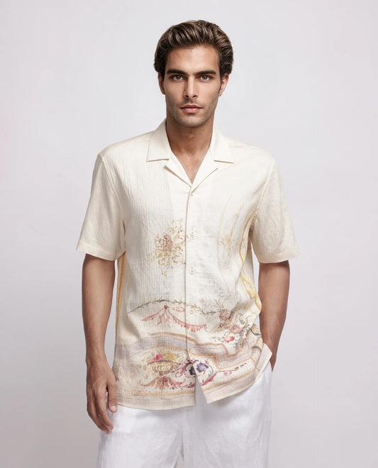 Rare Rabbit Men's Mio Beige Viscose Blend Placement Print Boxy Fit Half Sleeve Cuban Collar Shirt