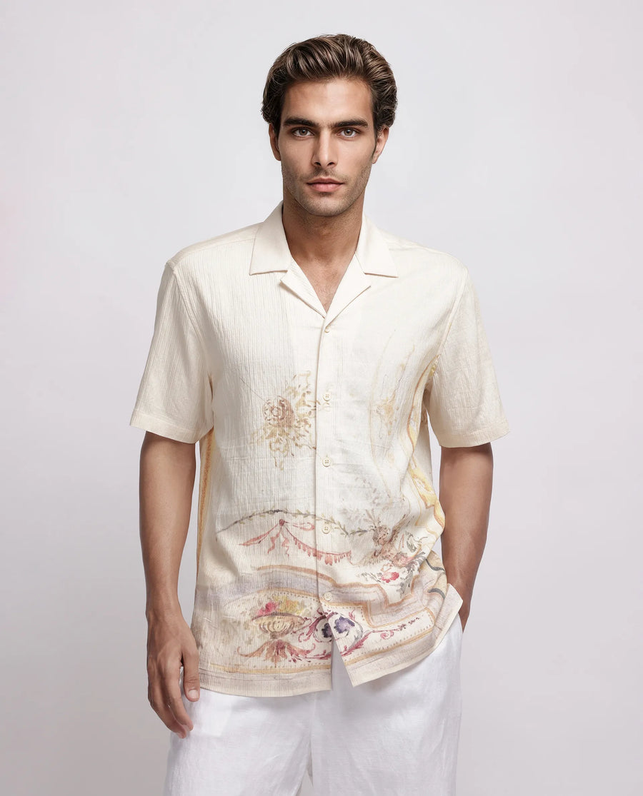 Rare Rabbit Men's Mio Beige Viscose Blend Placement Print Boxy Fit Half Sleeve Cuban Collar Shirt